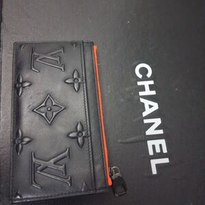 Louis Vuitton Embossed Black Leather Card Wallet with Orange Zip
